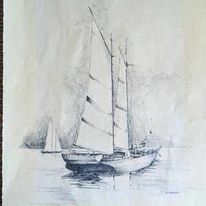 Vintage Signed Sailboat Pen & Ink Drawing – Nautical Seascape  Wikoff